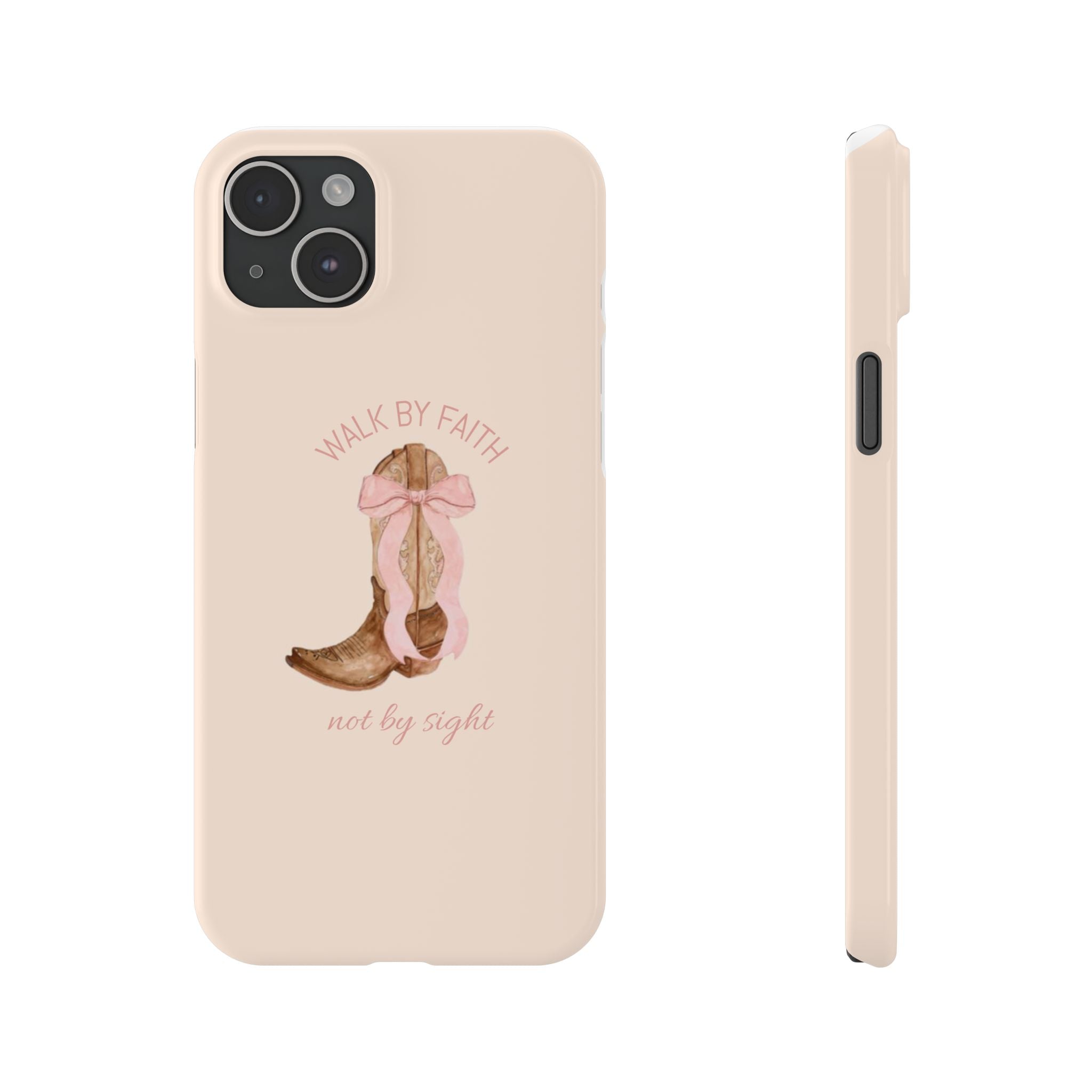 Slim Phone Case — "Walk By Faith, Not By Sight" Pink Bow Cowboy Boot Design