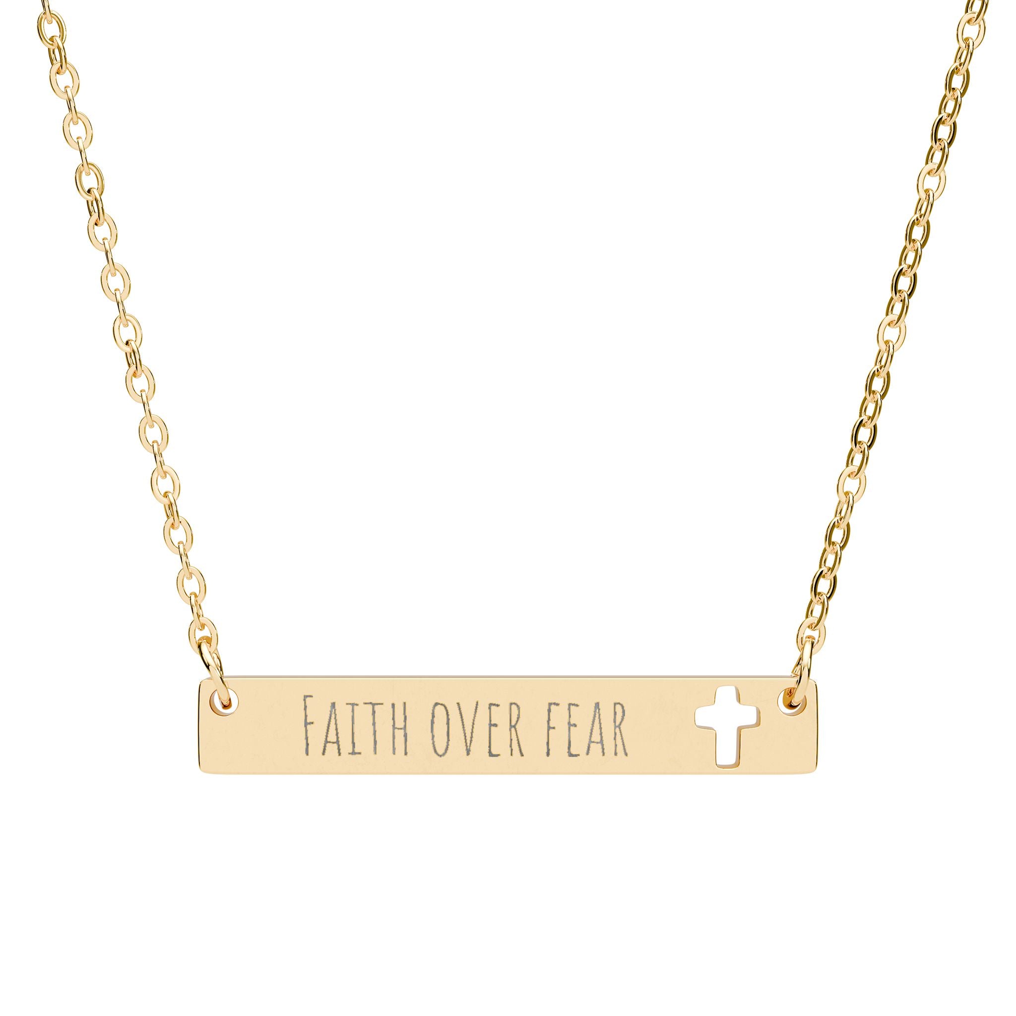 Cutout Cross Bar Necklace — "Faith Over Fear" Engraved Religious Pendant