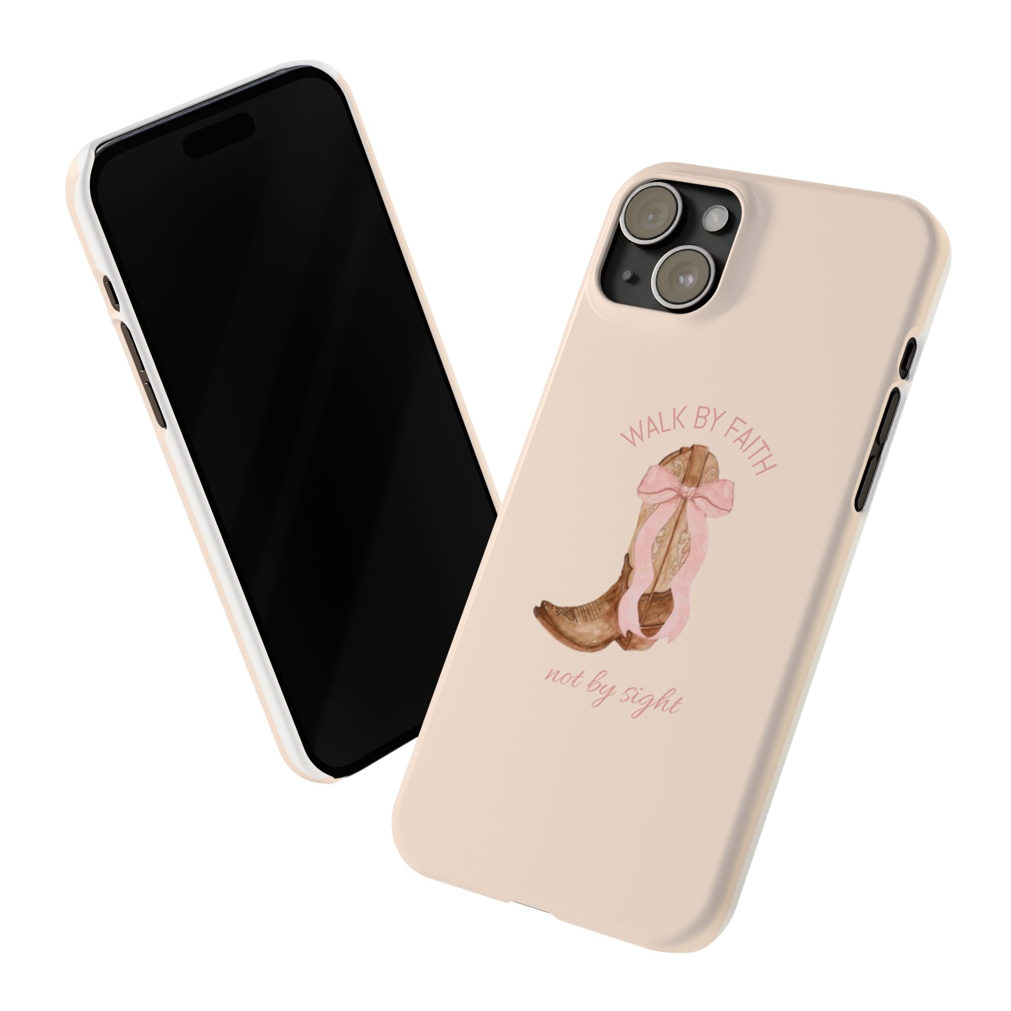 Slim Phone Case — "Walk By Faith, Not By Sight" Pink Bow Cowboy Boot Design