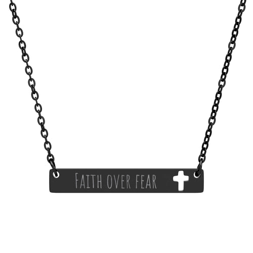 Cutout Cross Bar Necklace — "Faith Over Fear" Engraved Religious Pendant