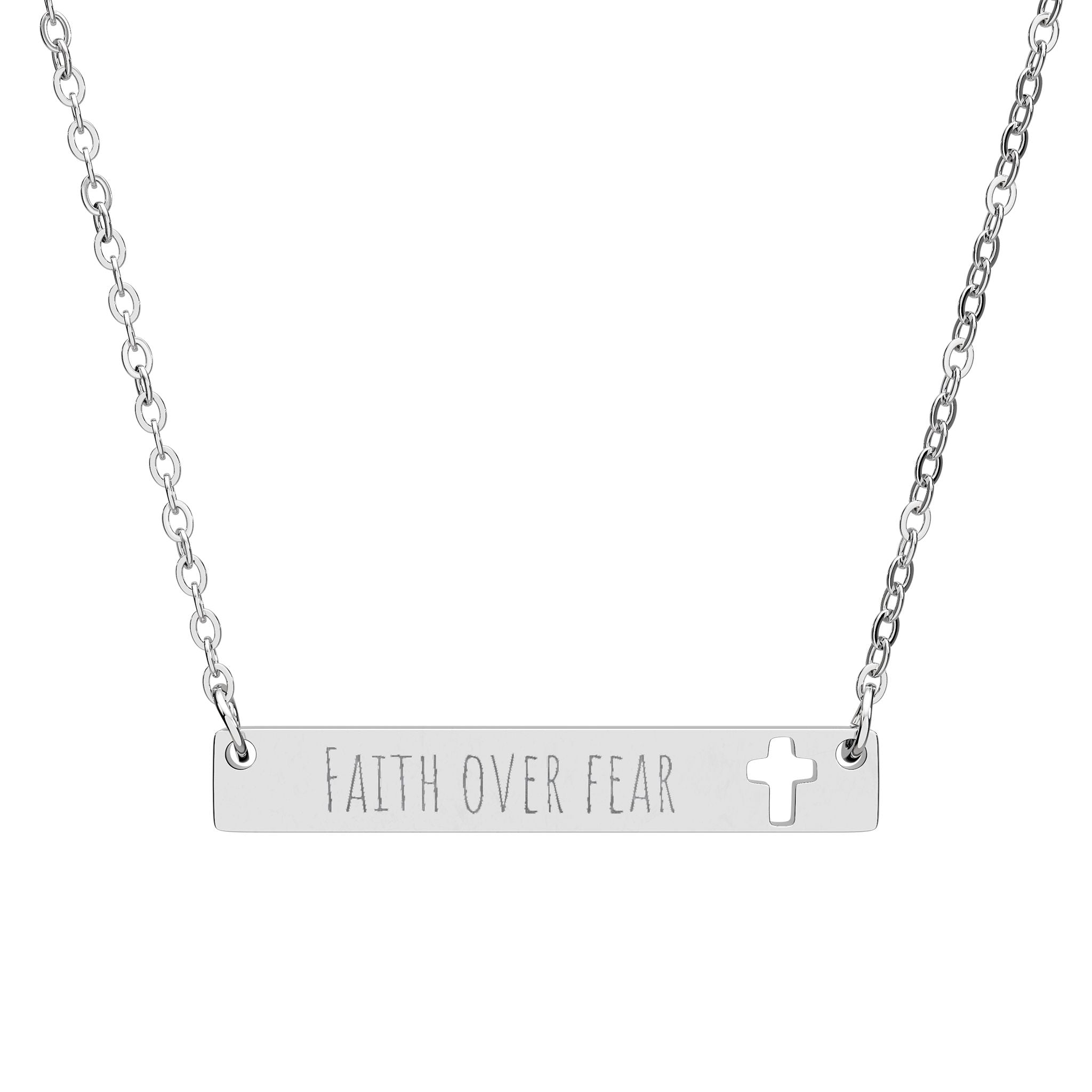 Cutout Cross Bar Necklace — "Faith Over Fear" Engraved Religious Pendant
