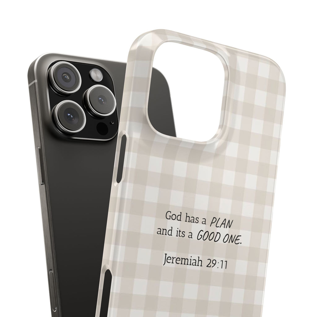 Jeremiah 29:11 Plaid Slim Phone Case — "God has a plan and it's a good one" (Neutral Gingham)