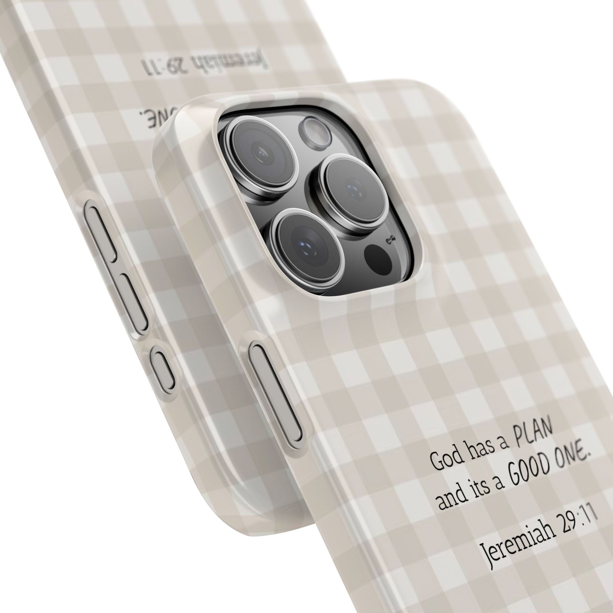 Jeremiah 29:11 Plaid Slim Phone Case — "God has a plan and it's a good one" (Neutral Gingham)