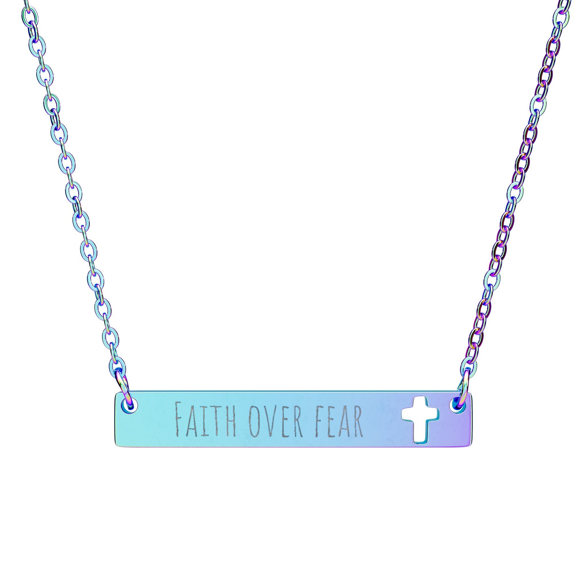 Cutout Cross Bar Necklace — "Faith Over Fear" Engraved Religious Pendant