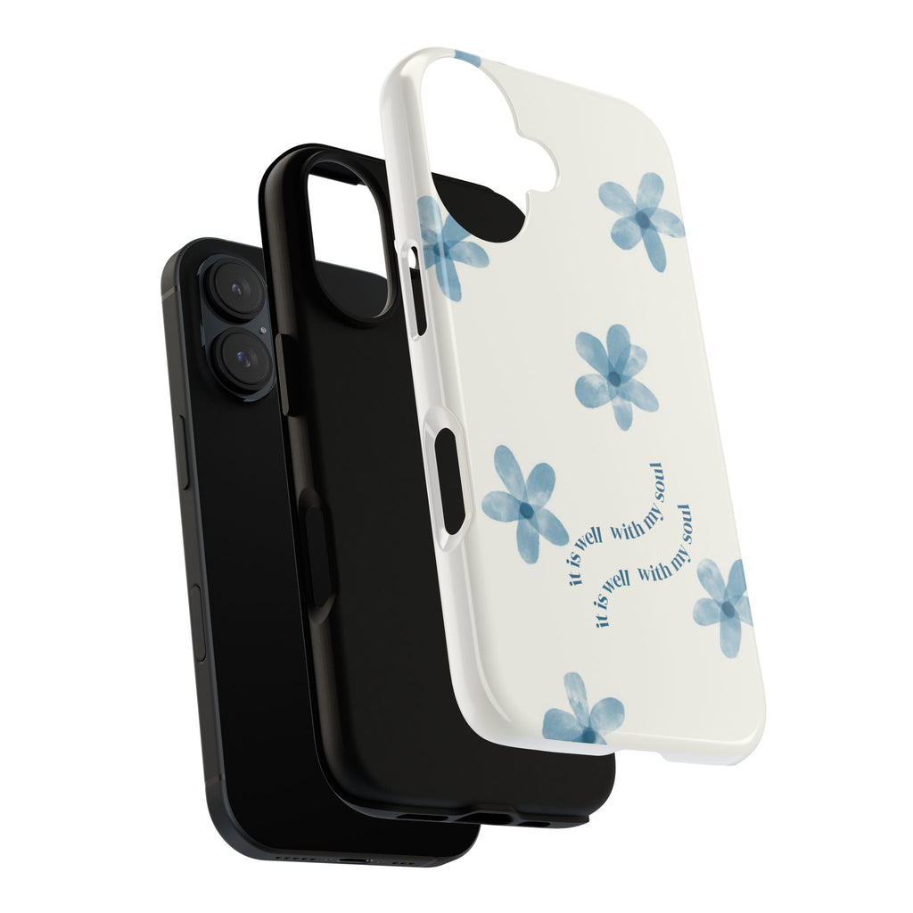 Floral Serenity Phone Case — Blue Watercolor Flowers with "be well with my soul"