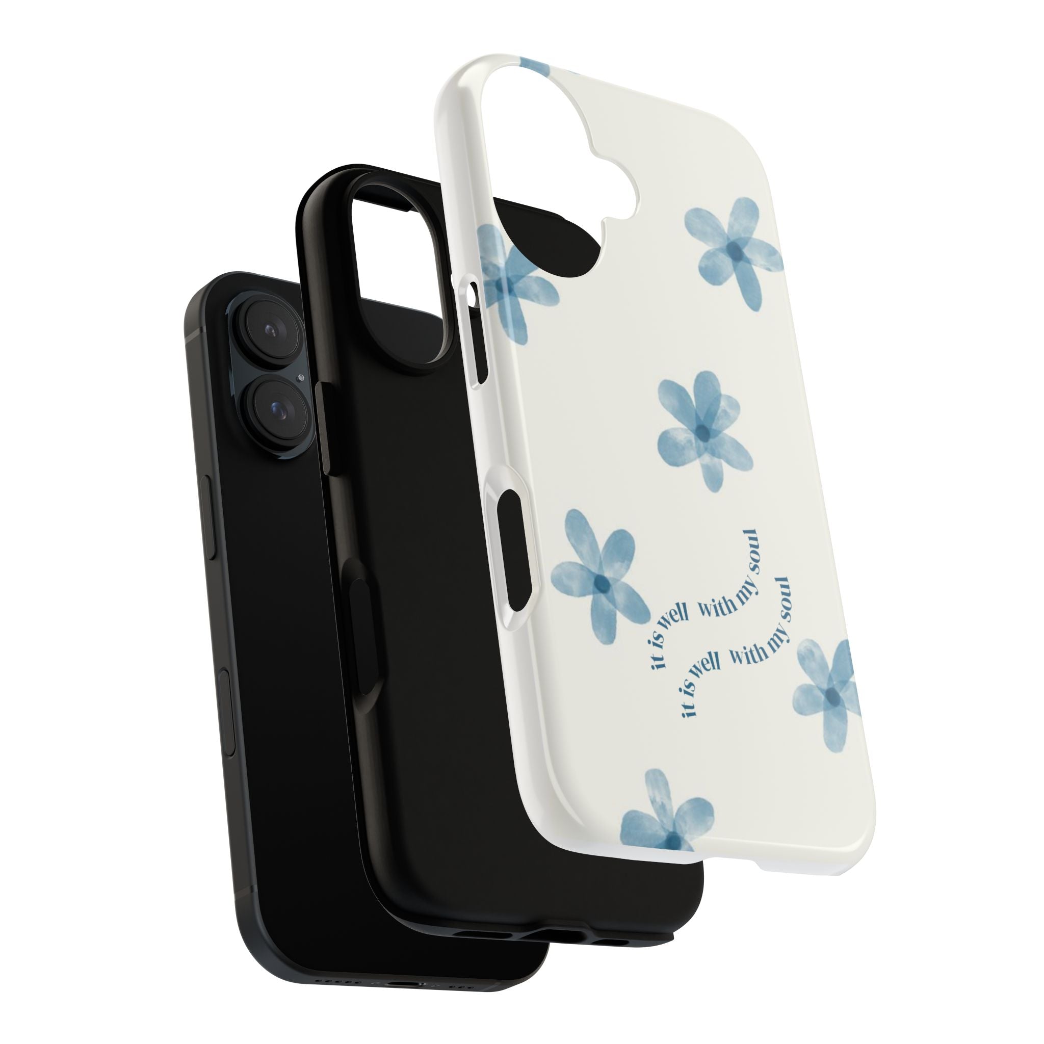 Floral Serenity Phone Case — Blue Watercolor Flowers with "be well with my soul"